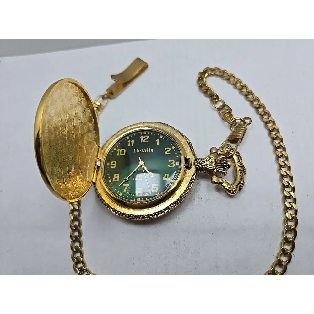 Details Gold Tone Bass Fish Pocket Watch Quartz Japan Movement New Battery Chain